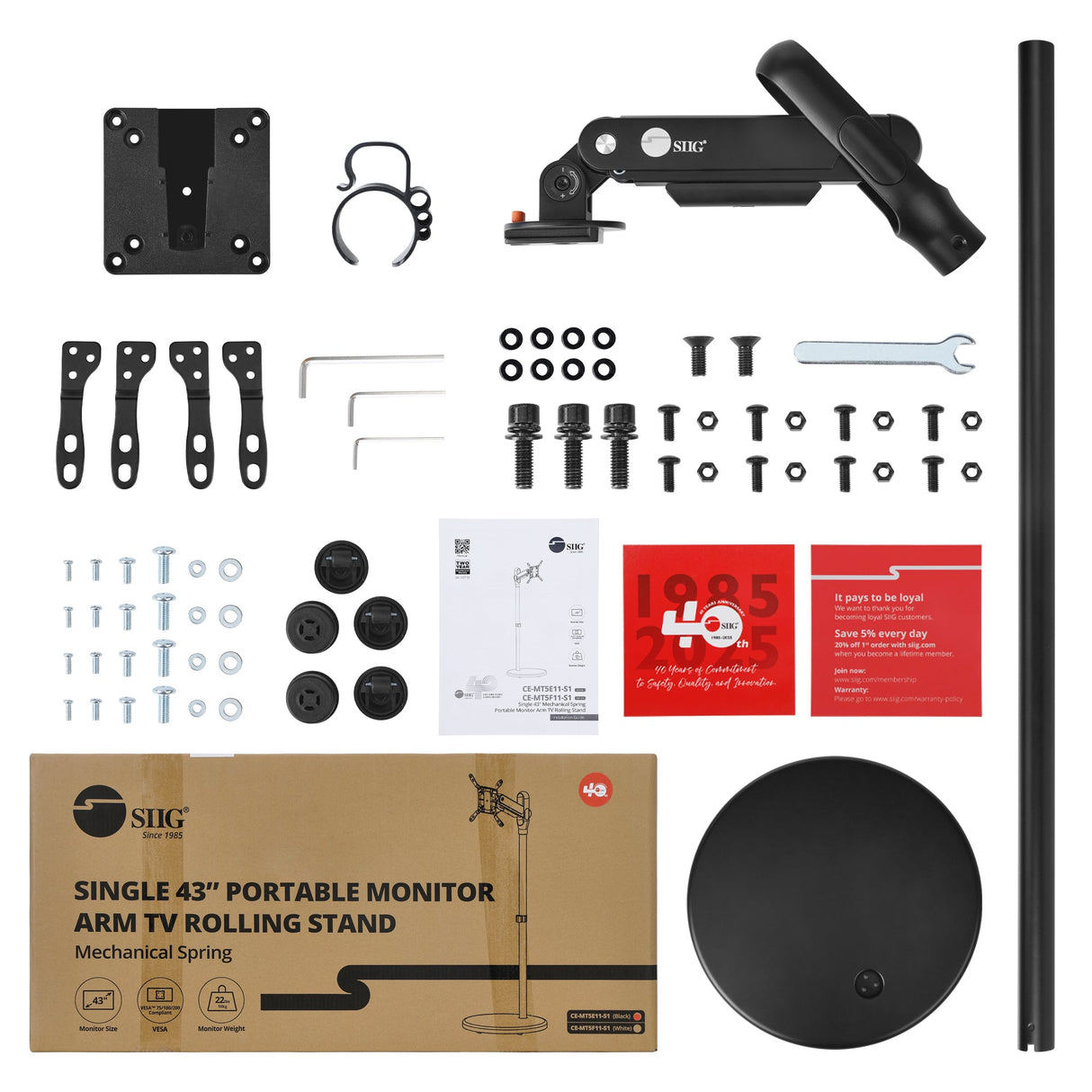 Single 43 Inch Portable Monitor Arm TV Rolling Stand- Black – Fits17"-43" Screens, up to 22 lbs, VESA Plate 75x75mm,100x100mm, 200x100mm, 200x200mm