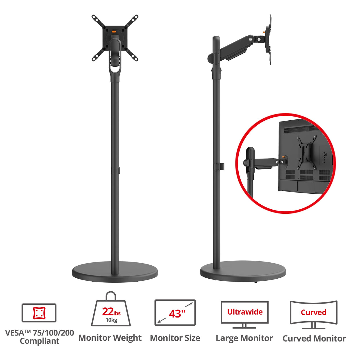 Single 43 Inch Portable Monitor Arm TV Rolling Stand- Black – Fits17"-43" Screens, up to 22 lbs, VESA Plate 75x75mm,100x100mm, 200x100mm, 200x200mm