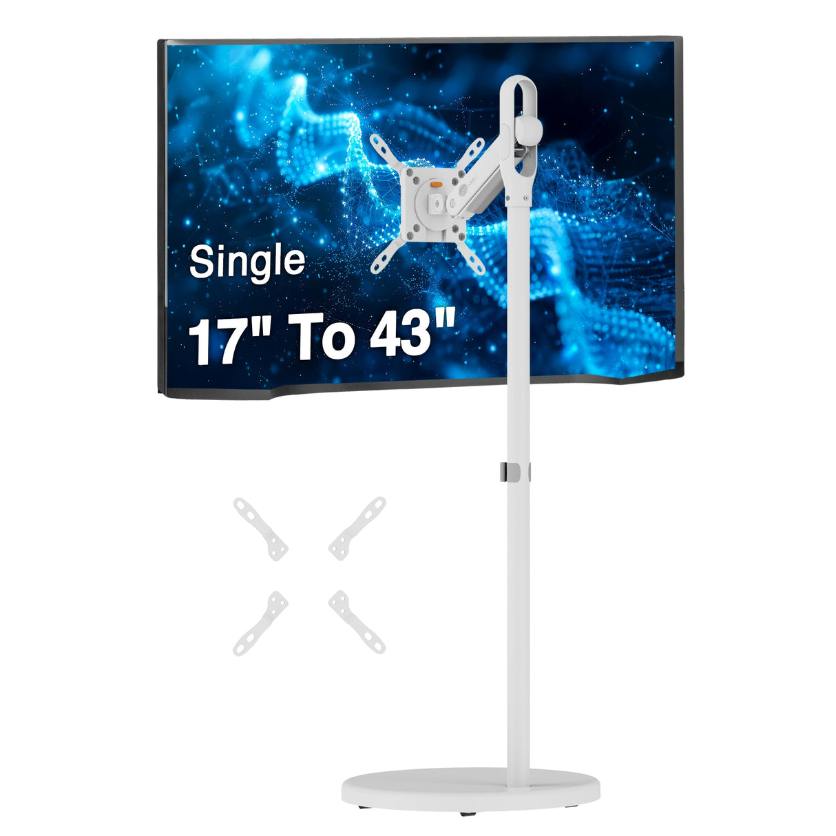 Single 43 Inch Portable Monitor Arm TV Rolling Stand-White – Fits17"-43" Screens, up to 22 lbs, VESA Plate 75x75mm,100x100mm, 200x100mm, 200x200mm