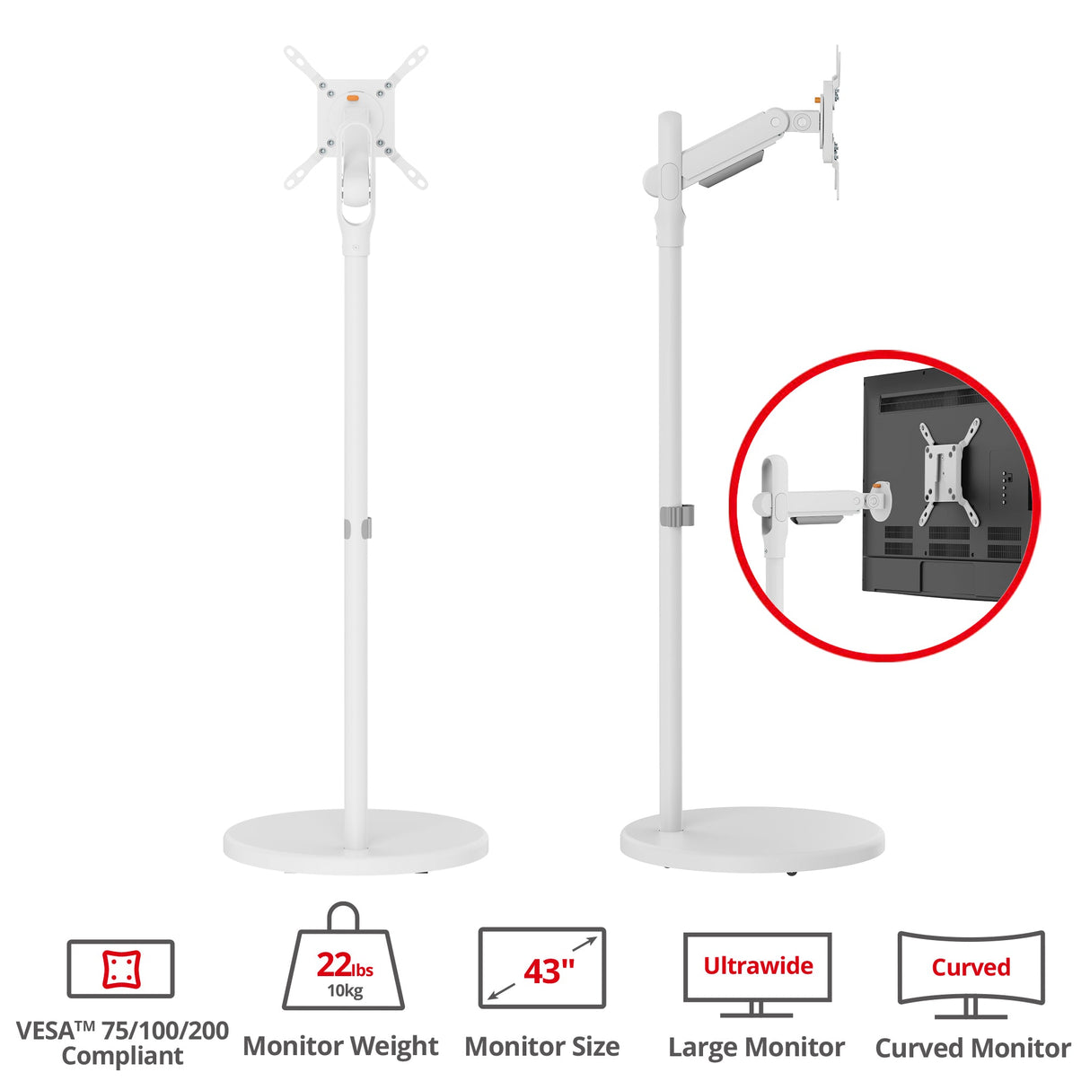 Single 43 Inch Portable Monitor Arm TV Rolling Stand-White – Fits17"-43" Screens, up to 22 lbs, VESA Plate 75x75mm,100x100mm, 200x100mm, 200x200mm
