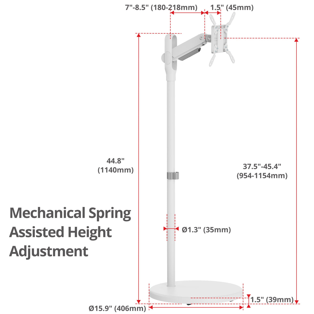 Single 43 Inch Portable Monitor Arm TV Rolling Stand-White – Fits17"-43" Screens, up to 22 lbs, VESA Plate 75x75mm,100x100mm, 200x100mm, 200x200mm