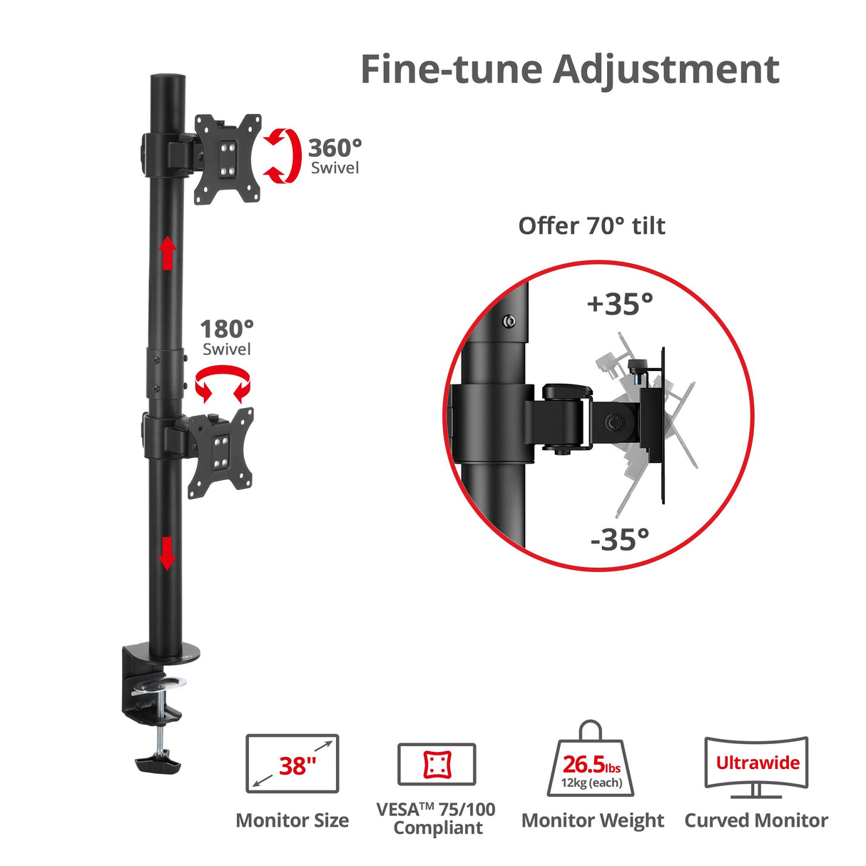 Dual 38 inch Stack Monitor Pole Mount - Black - Heavy-Duty Mount for 13-38" Screens, up to 26.5 lbs each, VESA Plate 75x75mm, 100x100mm