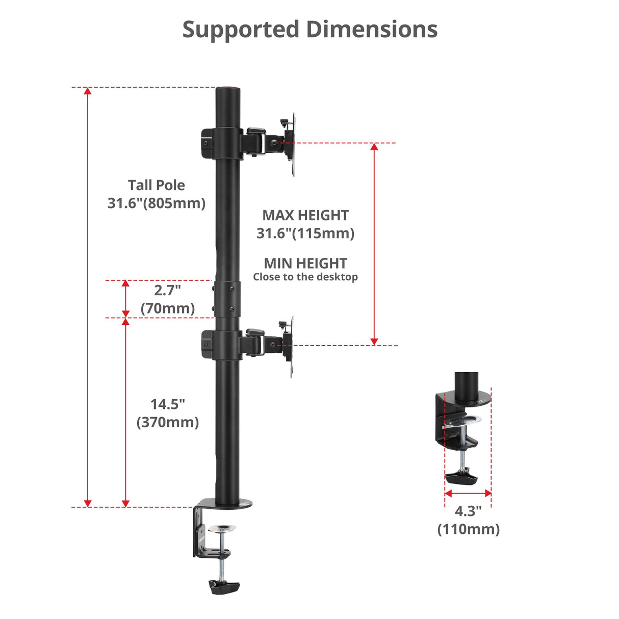 Dual 38 inch Stack Monitor Pole Mount - Black - Heavy-Duty Mount for 13-38" Screens, up to 26.5 lbs each, VESA Plate 75x75mm, 100x100mm