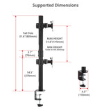 Dual 38 inch Stack Monitor Pole Mount - Black - Heavy-Duty Mount for 13-38" Screens, up to 26.5 lbs each, VESA Plate 75x75mm, 100x100mm