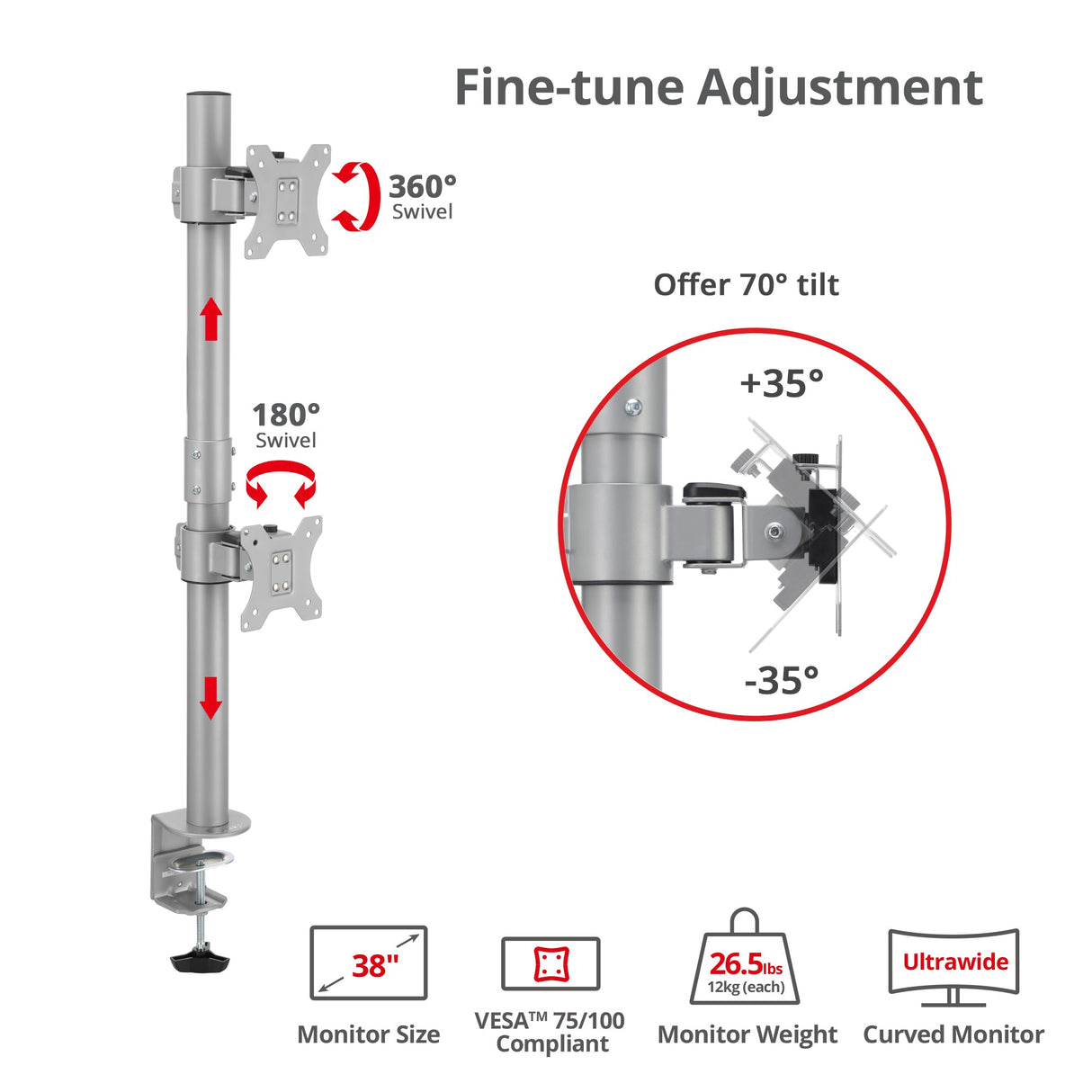 Dual 38 inch Stack Monitor Pole Mount - Gray- Heavy-Duty Mount for 13-38" Screens, up to 26.5 lbs each, VESA Plate 75x75mm, 100x100mm