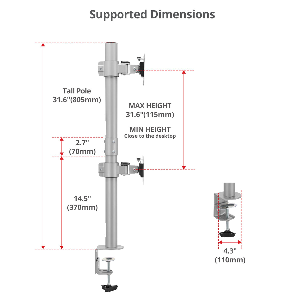 Dual 38 inch Stack Monitor Pole Mount - Gray- Heavy-Duty Mount for 13-38" Screens, up to 26.5 lbs each, VESA Plate 75x75mm, 100x100mm