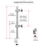 Dual 38 inch Stack Monitor Pole Mount - Gray- Heavy-Duty Mount for 13-38" Screens, up to 26.5 lbs each, VESA Plate 75x75mm, 100x100mm