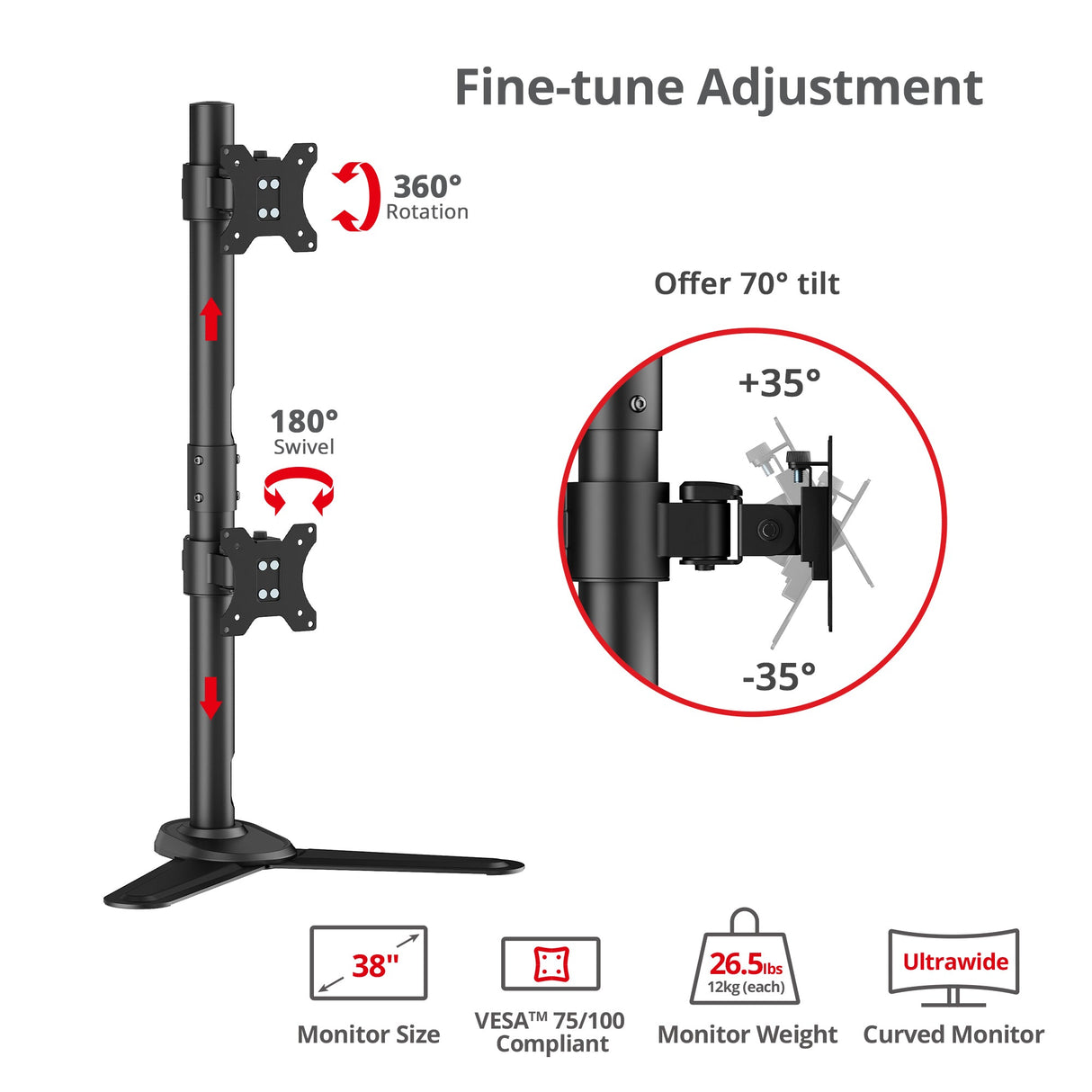 Dual Vertical Monitor Stand - Heavy-Duty Freestanding Mount for 13-38" Screens, up to 26.5 lbs each, VESA 75/100