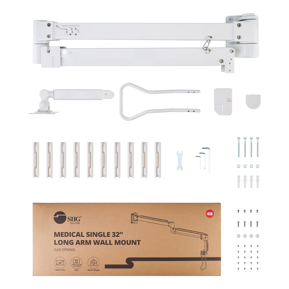 Medical Grade Single 32 inch Monitor Long Arm Wall Mount 17.6 lbs-White, VESA Plate 75x75mm,100x100mm