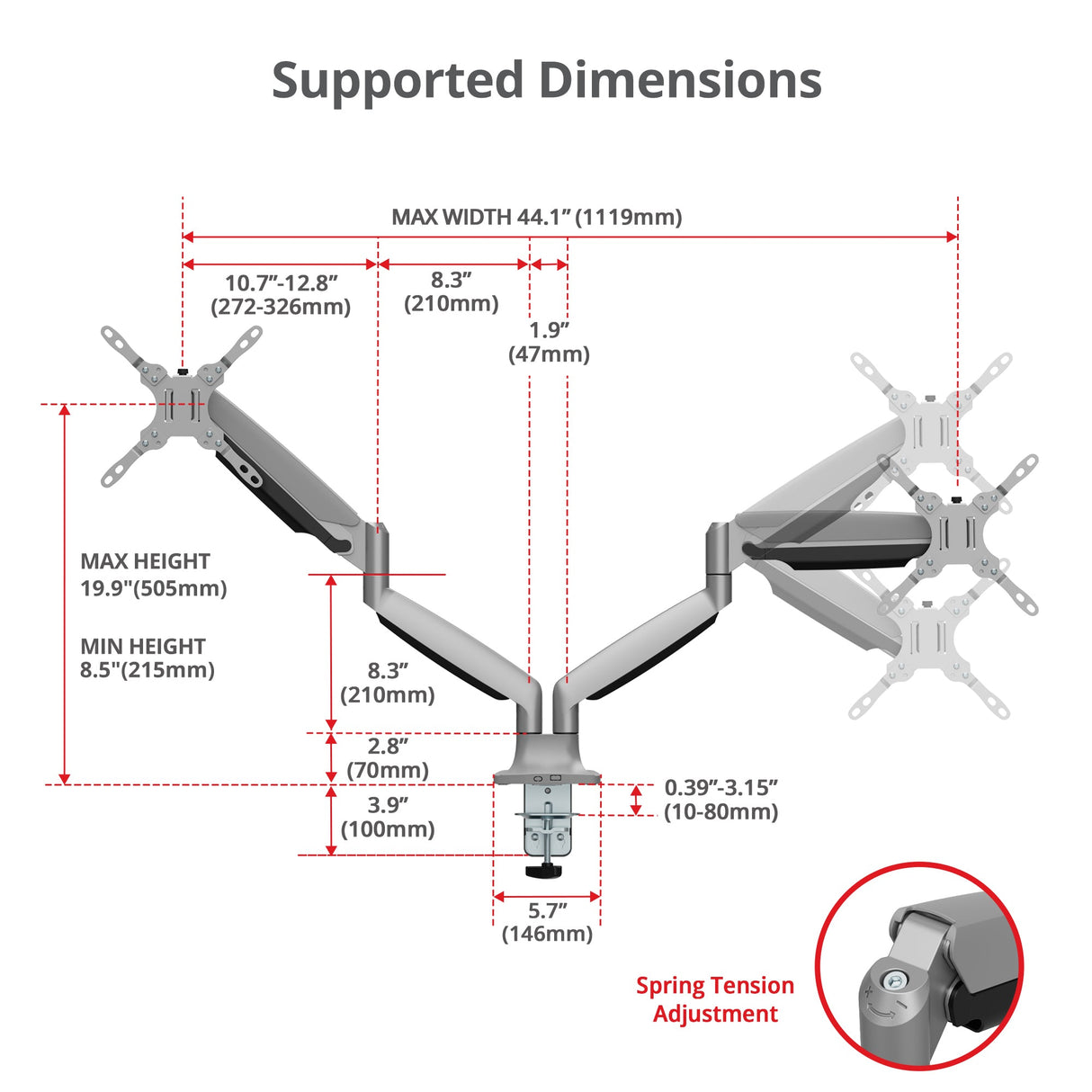 Dual 43" Mechanical Spring Monitor Arm Desk Mount – Gray, Fits 17"–43" Screens, VESA 75x75/100x100/200x100/200x200mm