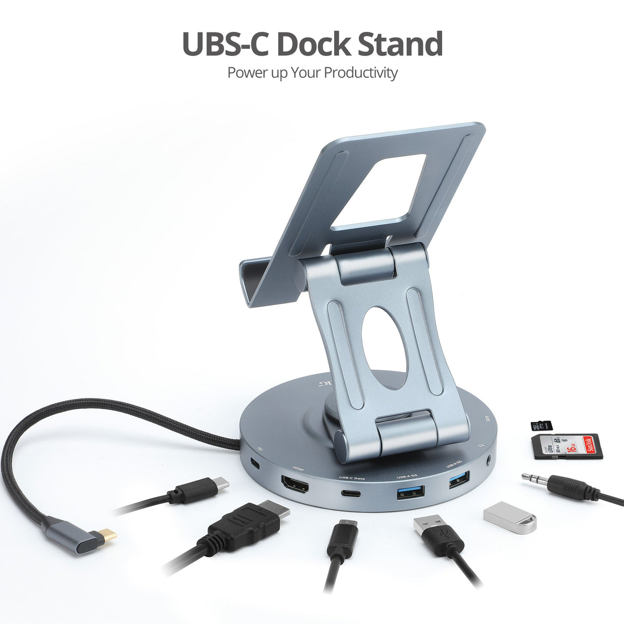 USB-C Multitask Hub Stand Holder fits under 13” Tablets/Phones, HDMI 4K@60Hz, 2xUSB-A & USB-C 5Gbps ports, 3.5mm headset jack, SD/Micro SD, PD 100W