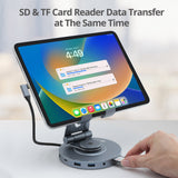 USB-C Multitask Hub Stand Holder fits under 13” Tablets/Phones, HDMI 4K@60Hz, 2xUSB-A & USB-C 5Gbps ports, 3.5mm headset jack, SD/Micro SD, PD 100W