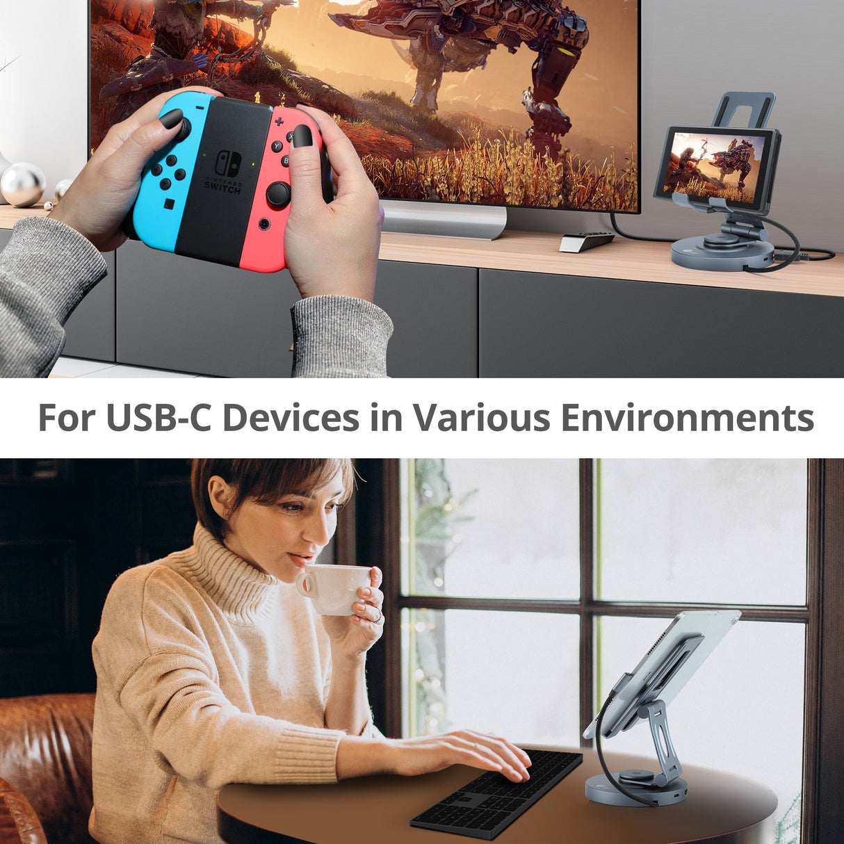 USB-C Multitask Hub Stand Holder fits under 13” Tablets/Phones, HDMI 4K@60Hz, 2xUSB-A & USB-C 5Gbps ports, 3.5mm headset jack, SD/Micro SD, PD 100W
