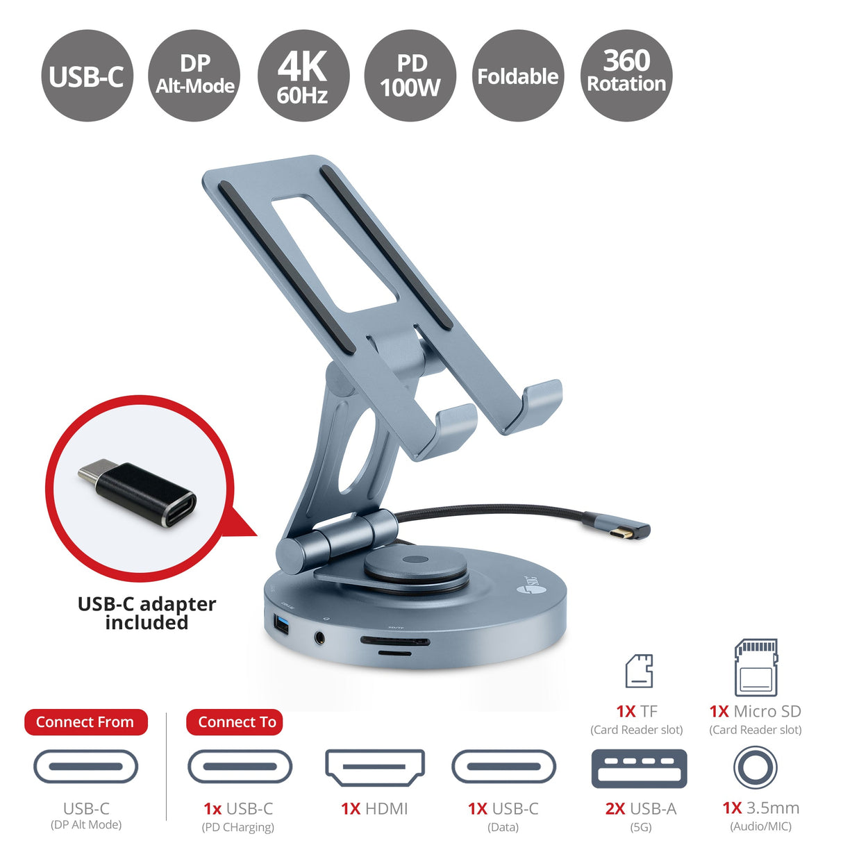 USB-C Multitask Hub Stand Holder fits under 13” Tablets/Phones, HDMI 4K@60Hz, 2xUSB-A & USB-C 5Gbps ports, 3.5mm headset jack, SD/Micro SD, PD 100W