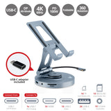 USB-C Multitask Hub Stand Holder fits under 13” Tablets/Phones, HDMI 4K@60Hz, 2xUSB-A & USB-C 5Gbps ports, 3.5mm headset jack, SD/Micro SD, PD 100W
