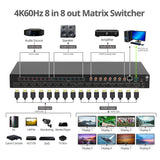8x8 HDMI 4K60Hz Matrix Switcher with LCD, 18Gbps, HDCP 2.2, HDR 10, Downscaling, EDID Management, ARC, Audio Embedded, Audio Extraction
