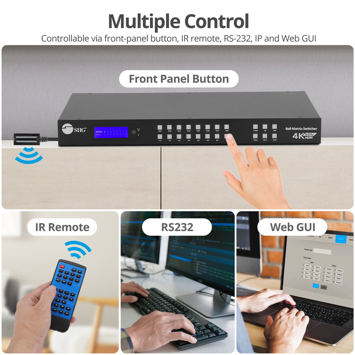 8x8 HDMI 4K60Hz Matrix Switcher with LCD, 18Gbps, HDCP 2.2, HDR 10, Downscaling, EDID Management, ARC, Audio Embedded, Audio Extraction