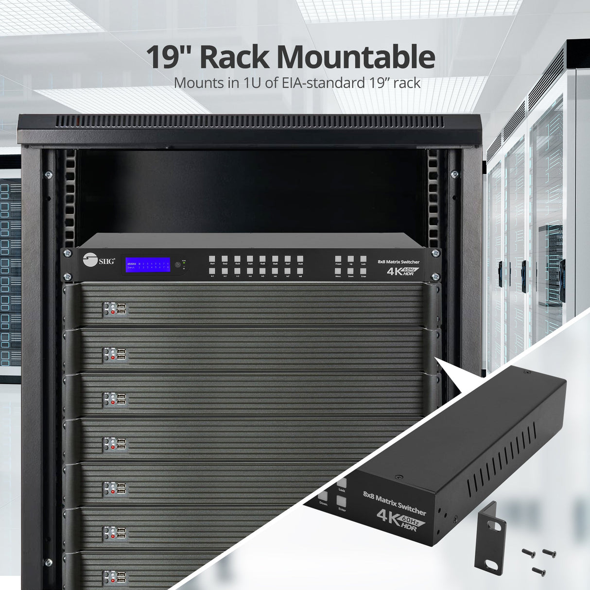 8x8 HDMI 4K60Hz Matrix Switcher with LCD, 18Gbps, HDCP 2.2, HDR 10, Downscaling, EDID Management, ARC, Audio Embedded, Audio Extraction