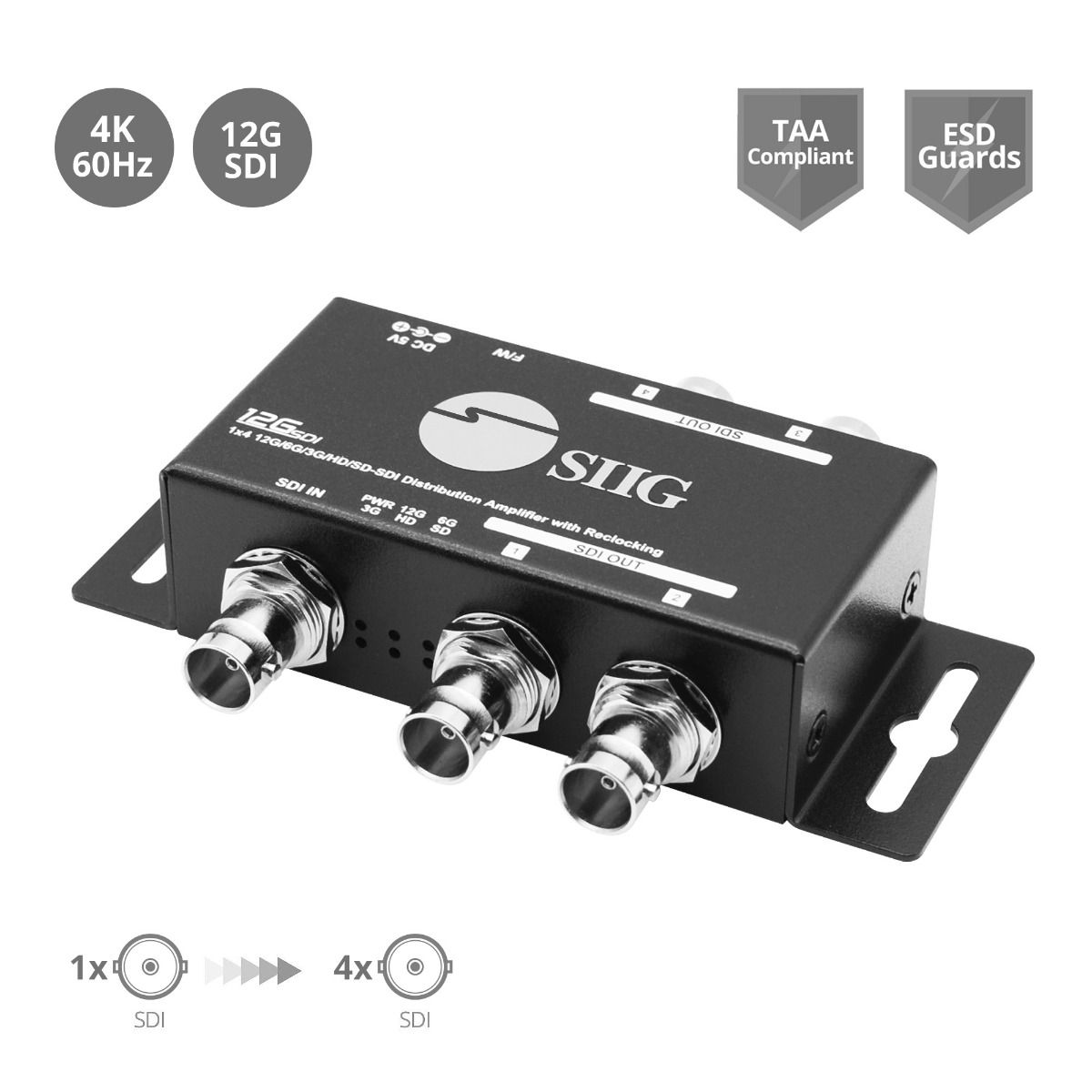 SDI Splitter, 1 in / 4 Out, 12G-SDI, 11.88 Gbps, 4K60Hz, Mountable