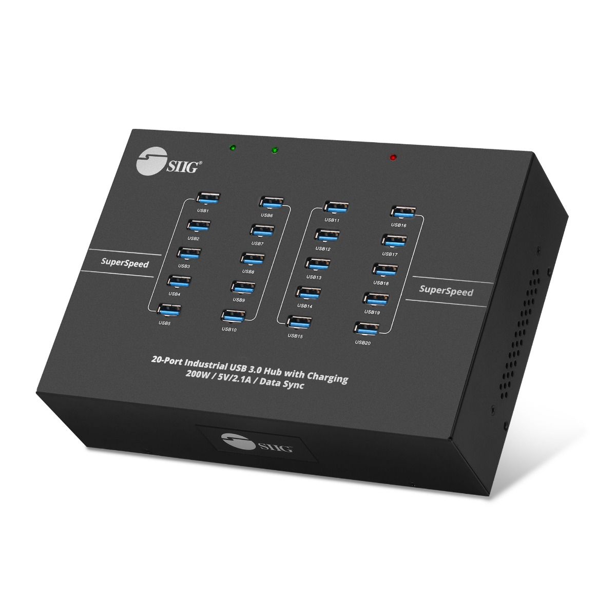 20-Port Industrial USB 3.0 Hub with Charging - 200W - 5Gbps with 5V/2.1A per port