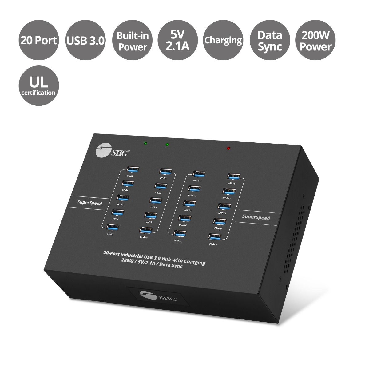 20-Port Industrial USB 3.0 Hub with Charging - 200W - 5Gbps with 5V/2.1A per port