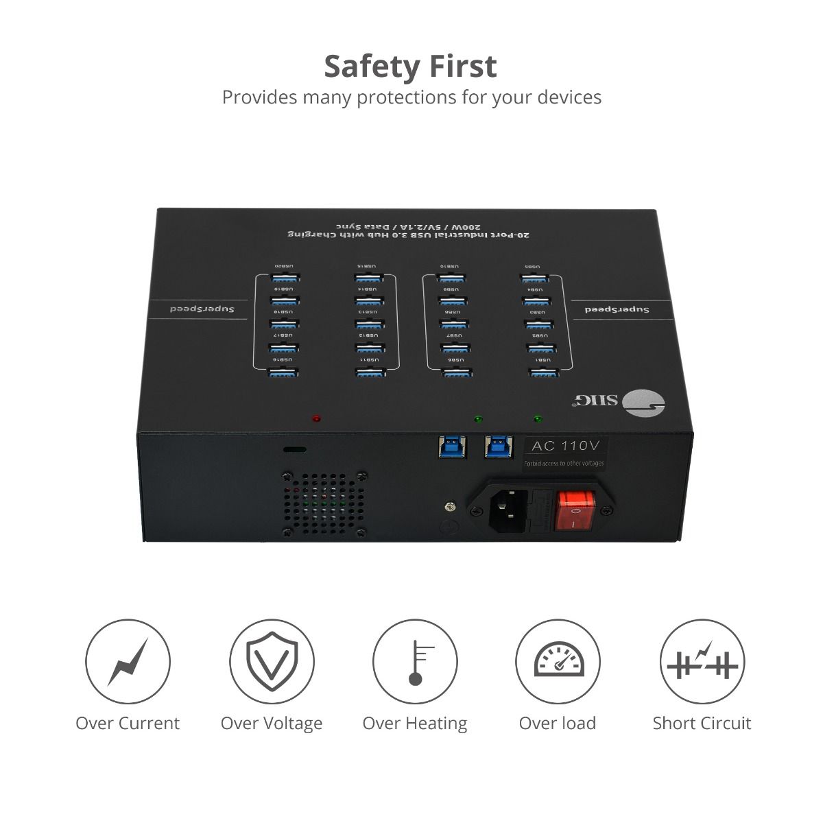 20-Port Industrial USB 3.0 Hub with Charging - 200W - 5Gbps with 5V/2.1A per port