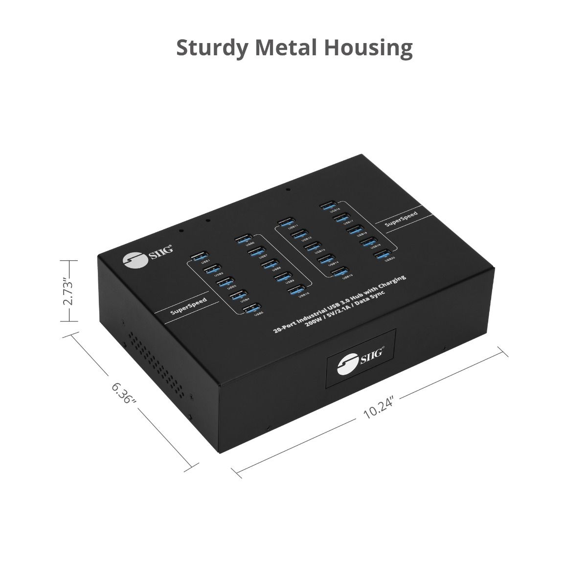 20-Port Industrial USB 3.0 Hub with Charging - 200W - 5Gbps with 5V/2.1A per port