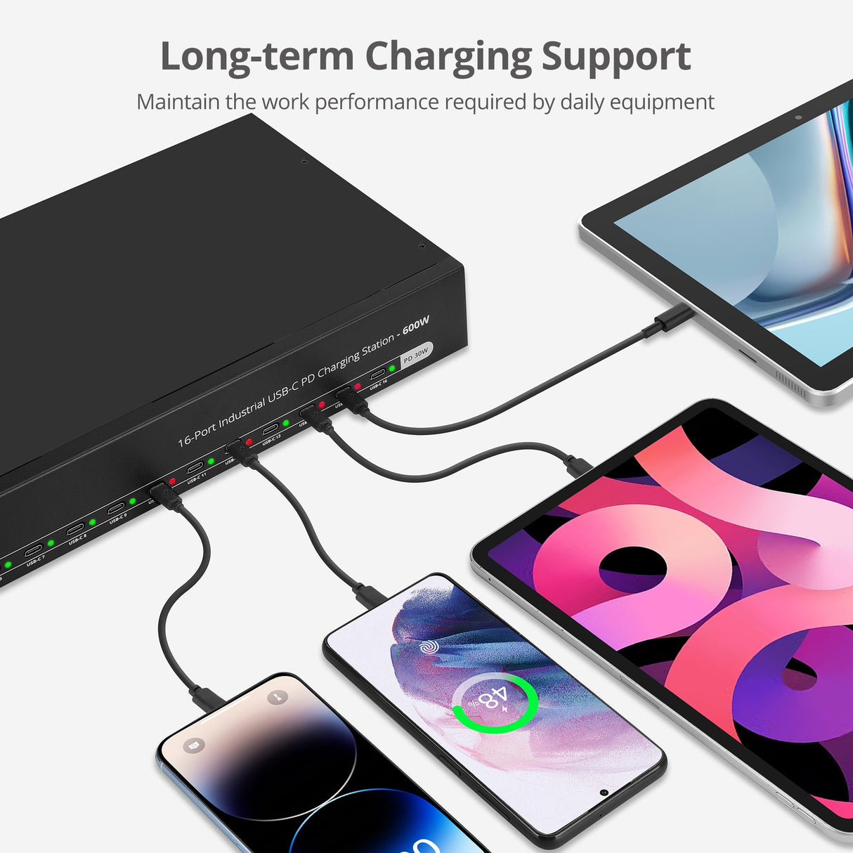 16-Port Industrial USB-C PD Charging Station - 600W - 30W per port - UL Certification