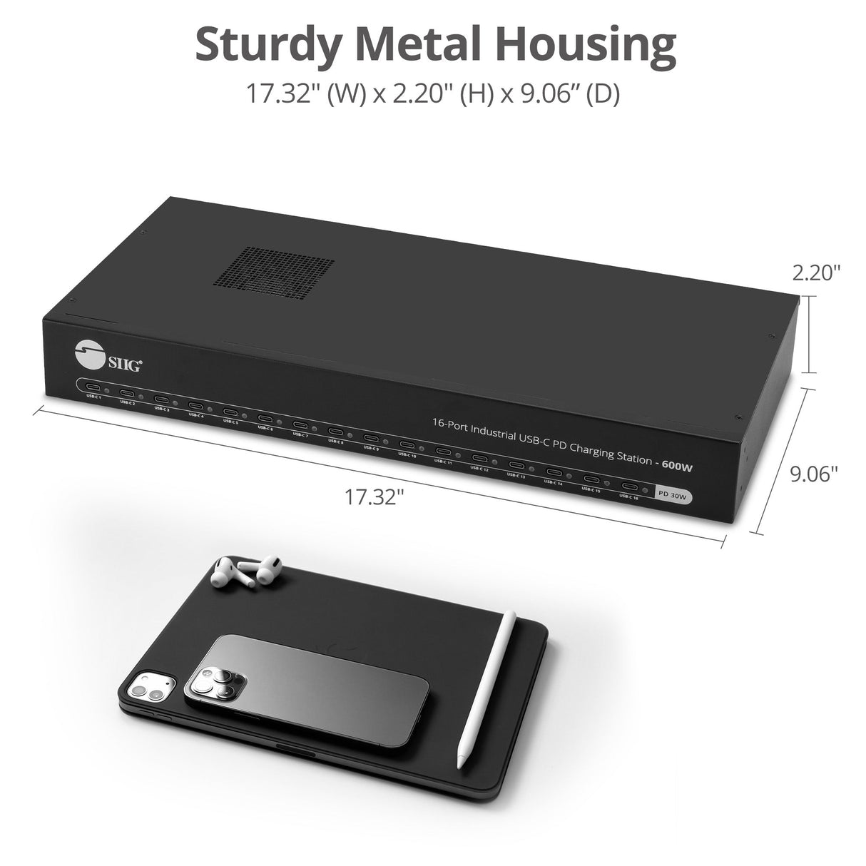 16-Port Industrial USB-C PD Charging Station - 600W - 30W per port - UL Certification