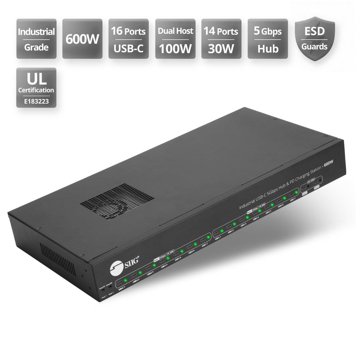 16-port Industrial 600W USB-C PD Charging Station with 5Gbps USB Hub - 2-port 100W & 14-port Charging up to 30W