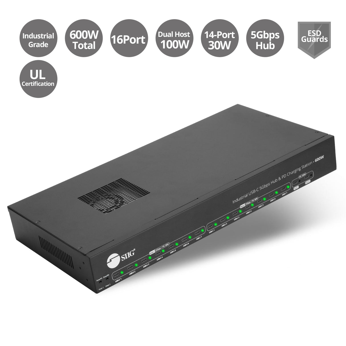 16-port Industrial 600W USB-C PD Charging Station with 5Gbps USB Hub - 2-port 100W & 14-port Charging up to 30W