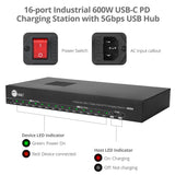16-port Industrial 600W USB-C PD Charging Station with 5Gbps USB Hub - 2-port 100W & 14-port Charging up to 30W
