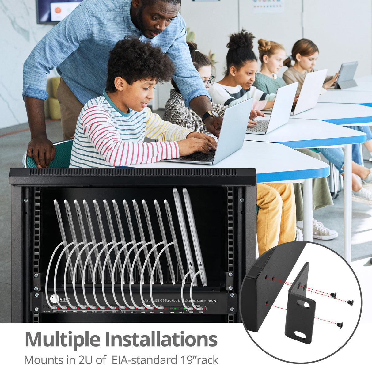 16-port Industrial 600W USB-C PD Charging Station with 5Gbps USB Hub - 2-port 100W & 14-port Charging up to 30W