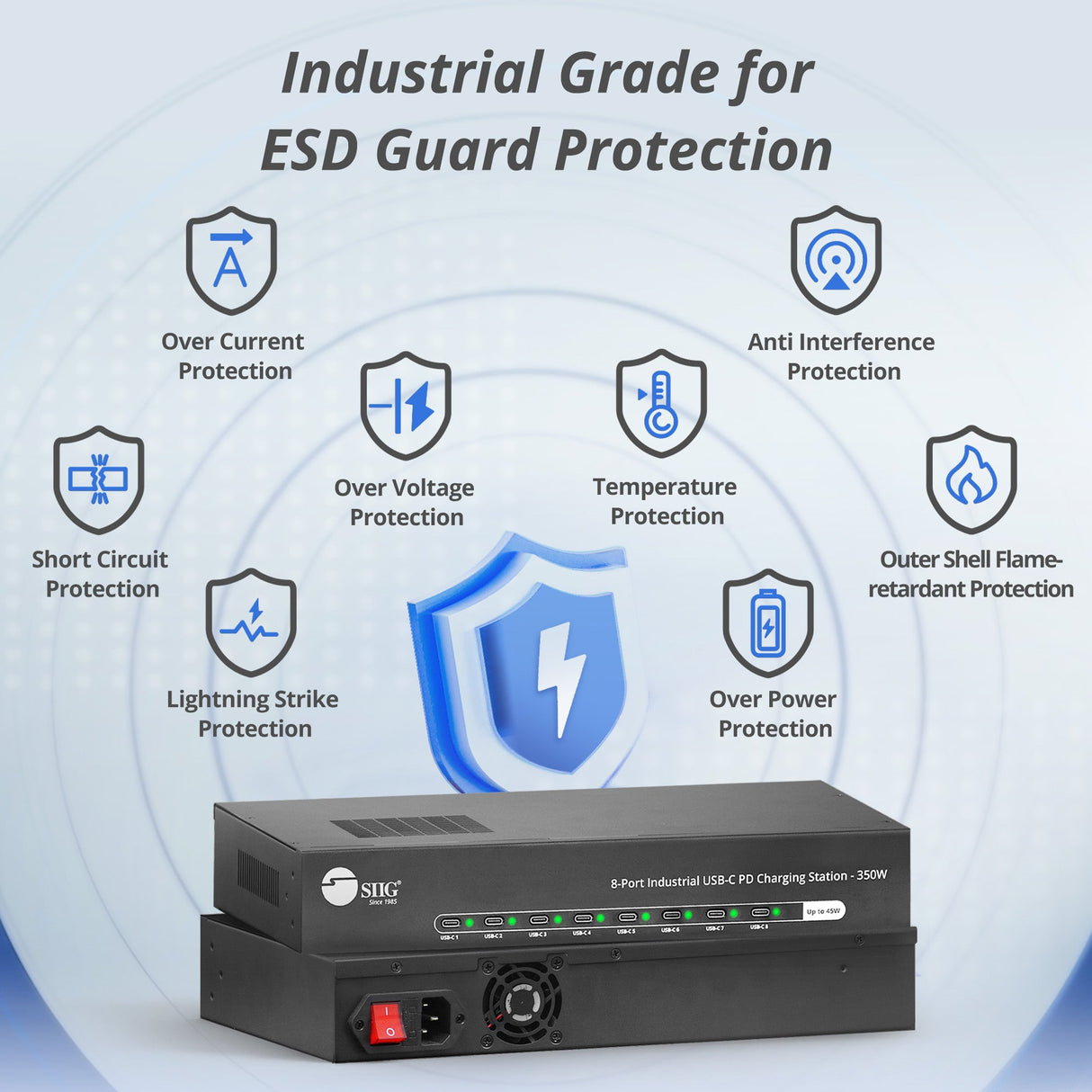 8-Port Industrial USB-C PD Charging Station - 350W, Up to 45W per port, UL Certification