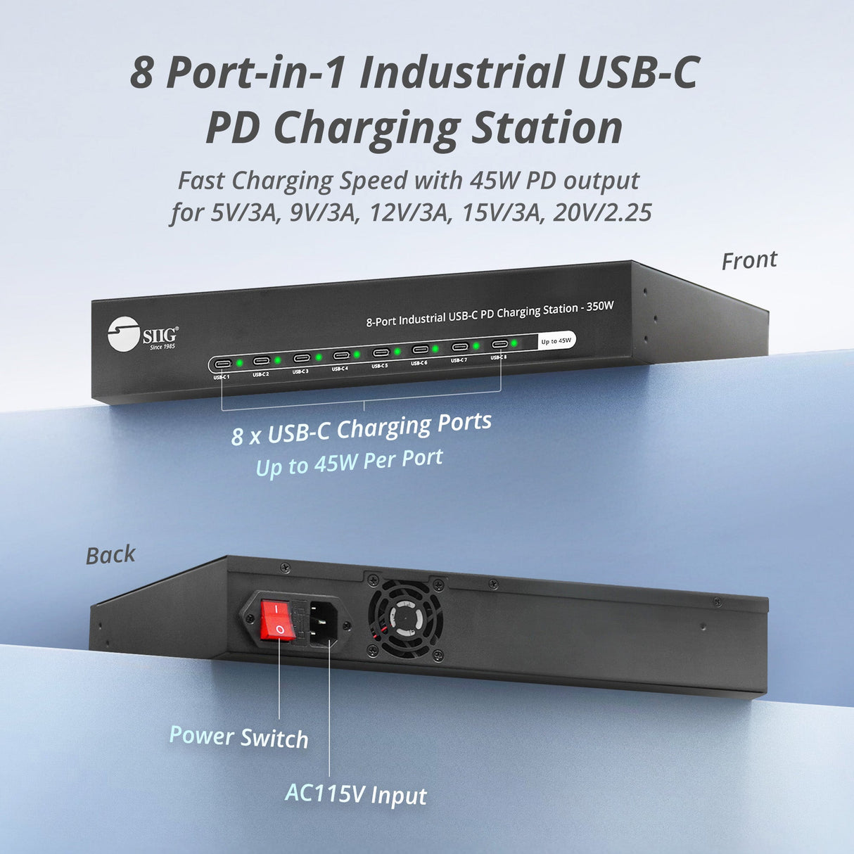8-Port Industrial USB-C PD Charging Station - 350W, Up to 45W per port, UL Certification