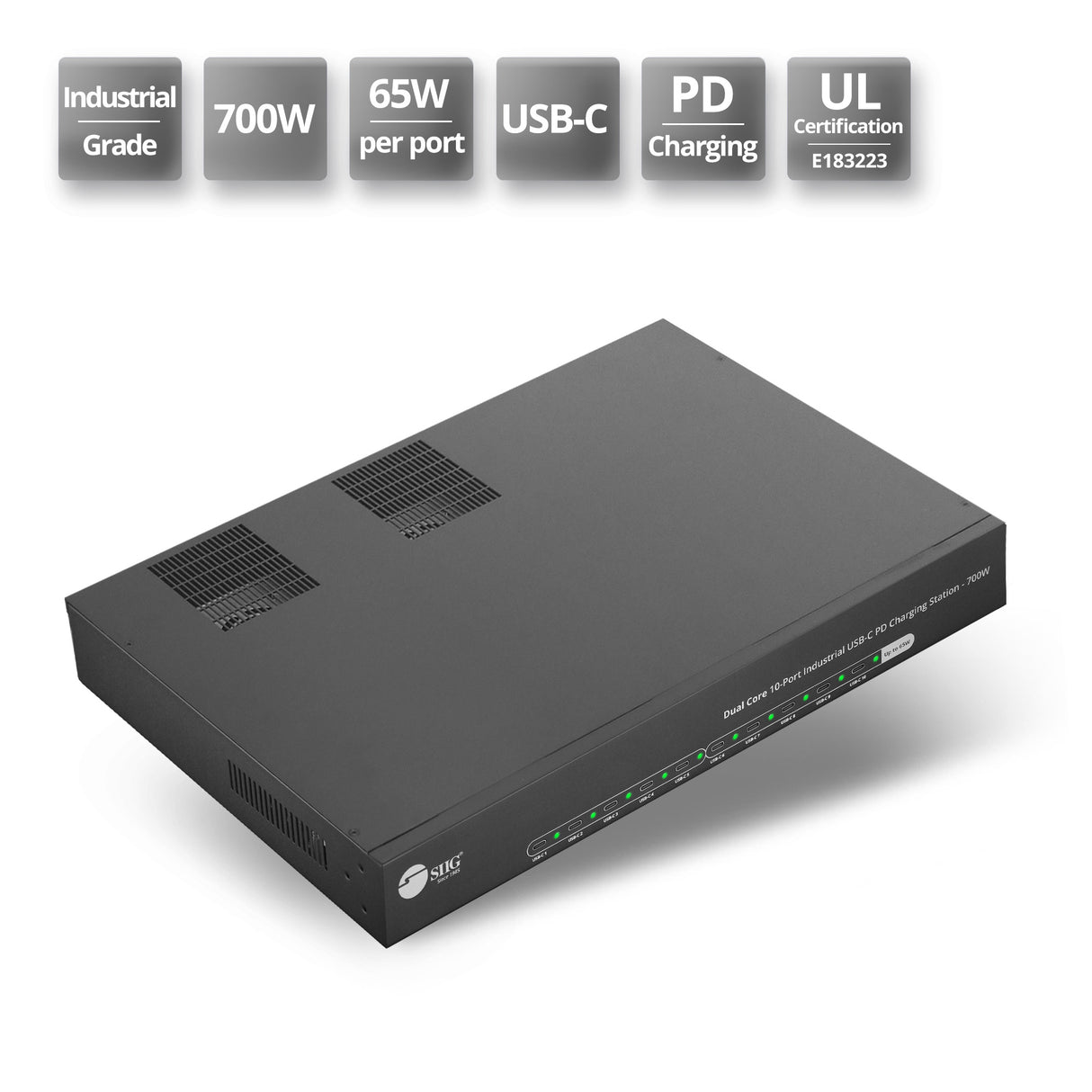 Dual Core 10-Port Industrial USB-C PD Charging Station - 700W, Up to 65W per port, Dual 350W power, UL certification