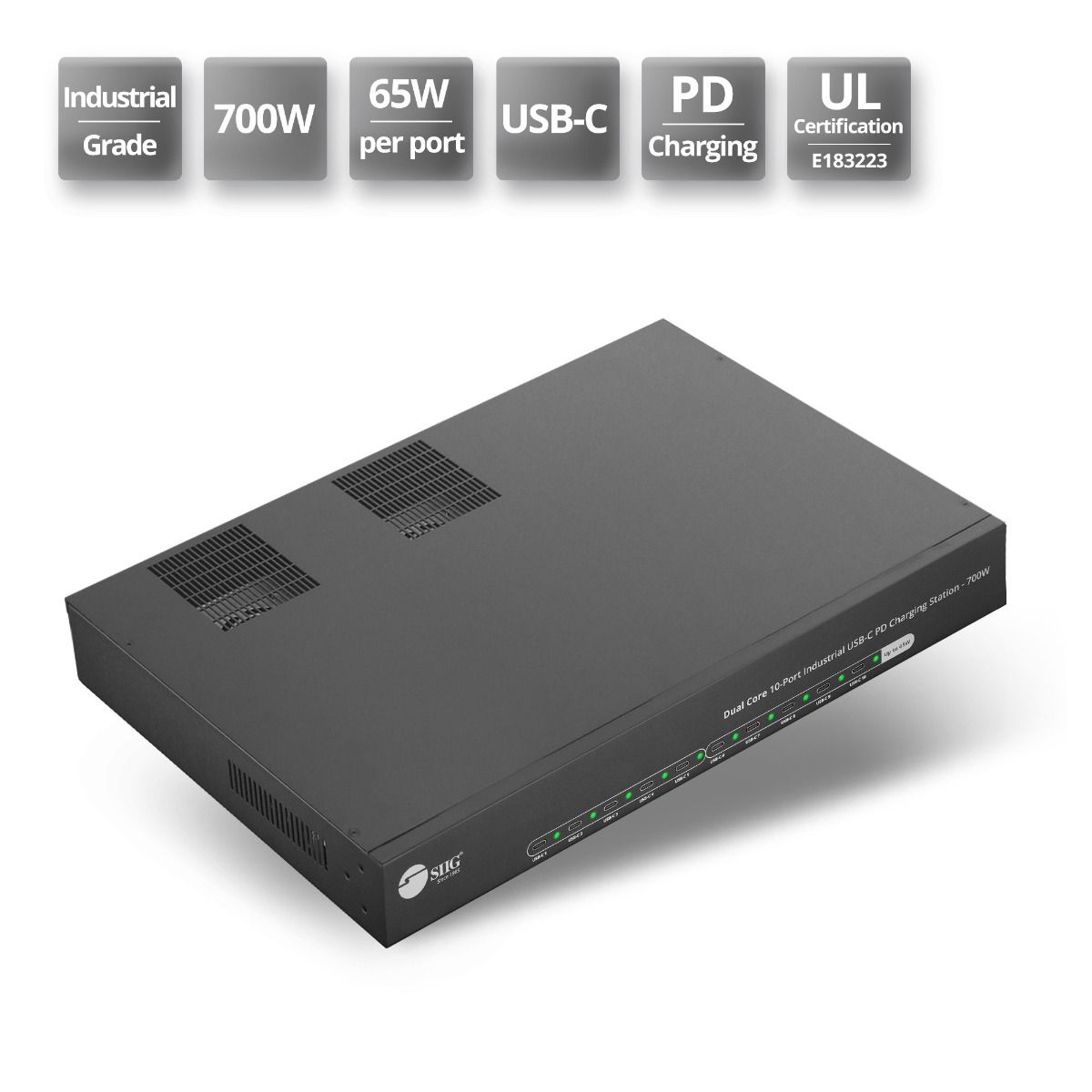 Dual Core 10-Port Industrial USB-C PD Charging Station - 700W, Up to 65W per port, Dual 350W power, UL certification