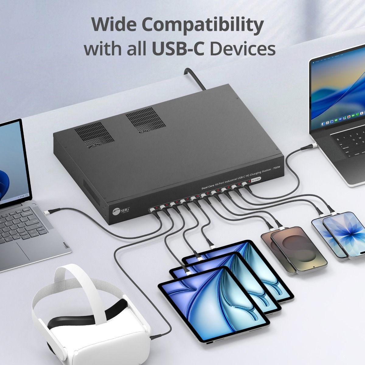 Dual Core 10-Port Industrial USB-C PD Charging Station - 700W, Up to 65W per port, Dual 350W power, UL certification