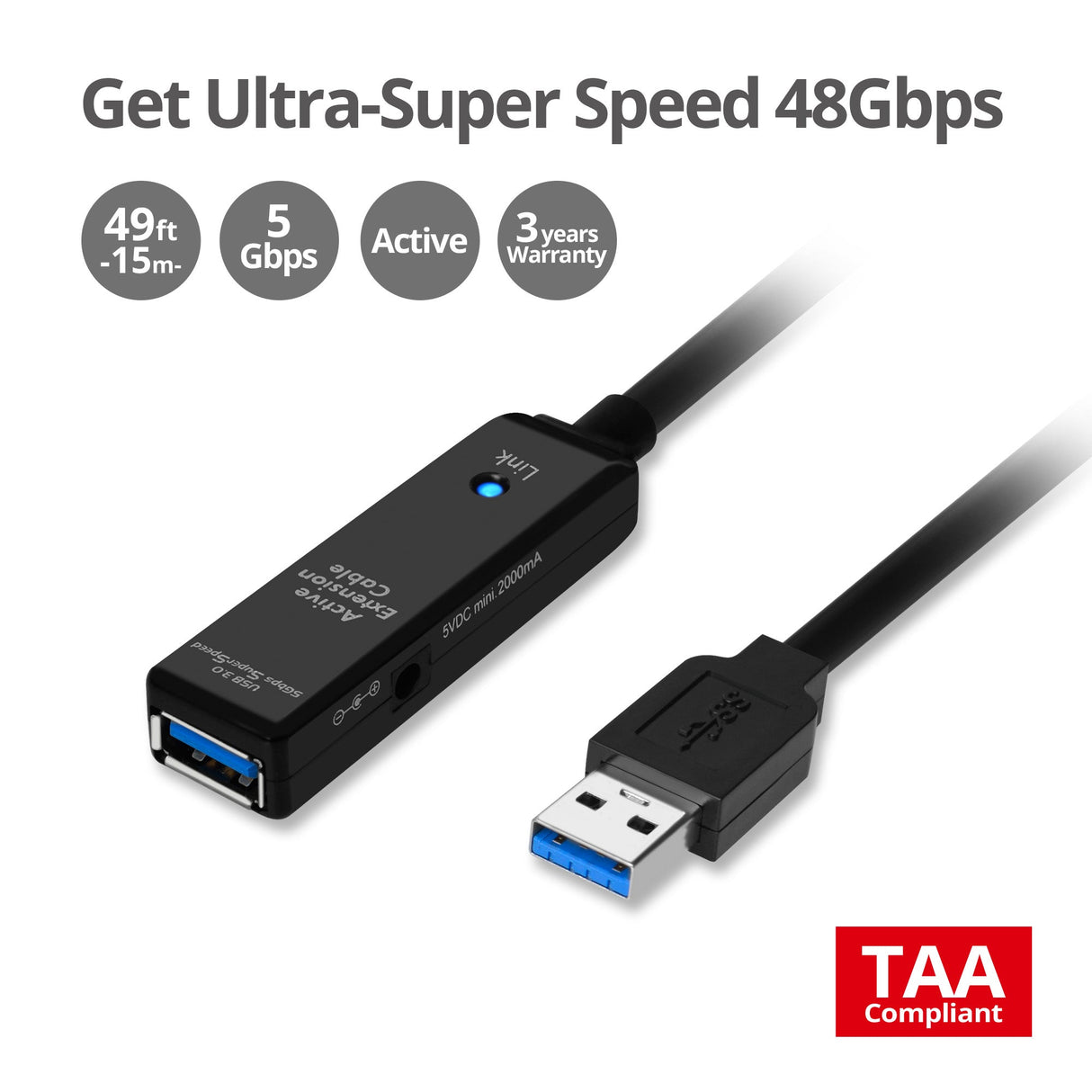 USB 3.0 Active Repeater Cable – 15M - 5Gbps