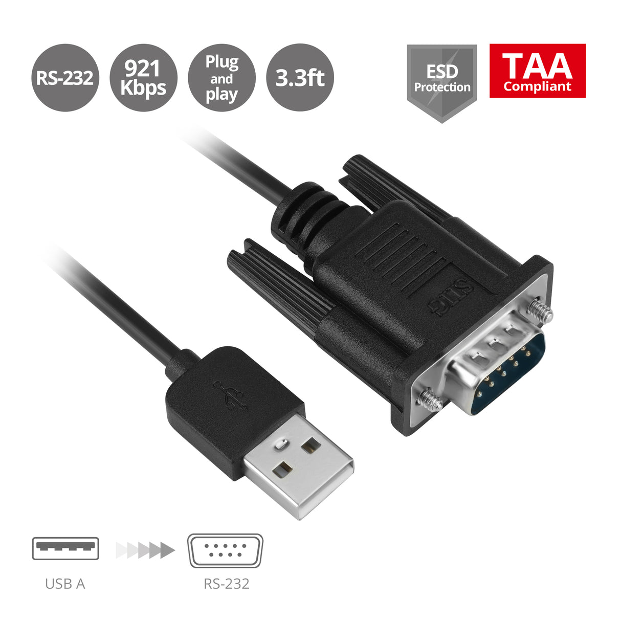 USB to RS-232 Serial Adapter - FTDI - 3.3ft - 921Kbps - ESD - TAA compliant