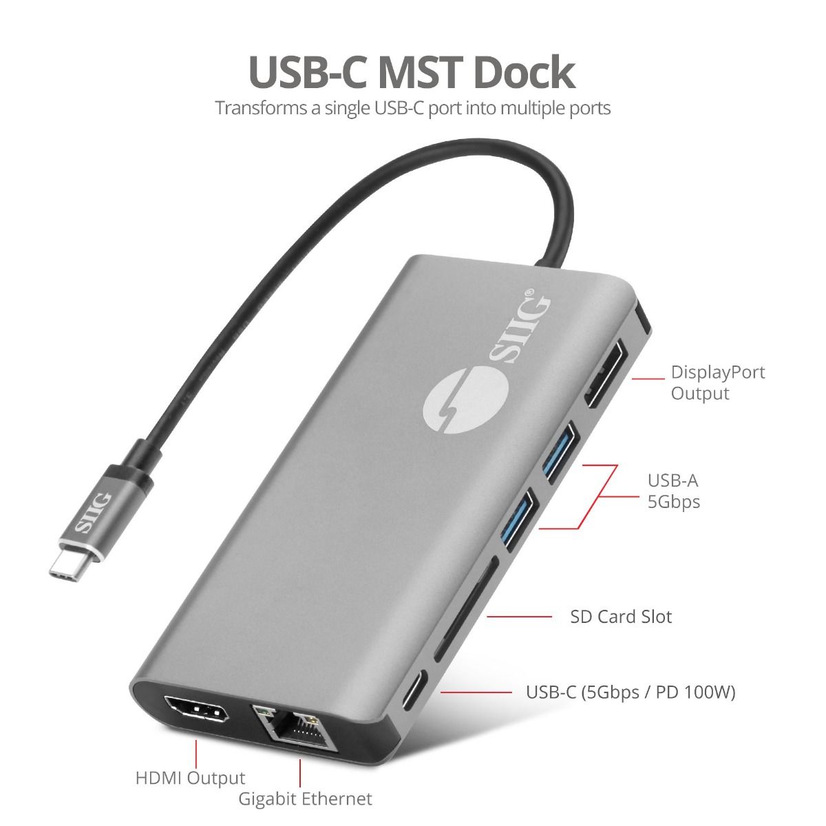 USB-C MST Video with Hub, LAN and PD 3.0 Docking- Single 4K@30Hz- Dual 1080p- SD card reader