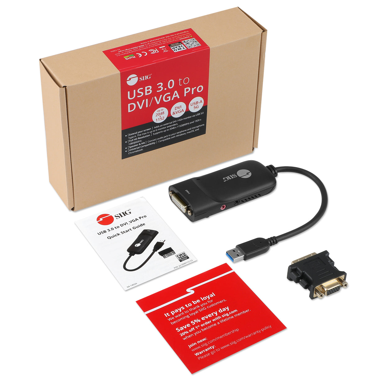 USB 3.0 to DVI/VGA Pro adapter, 1080p, USB 3.0 5 Gbps, included DVI to VGA adapter