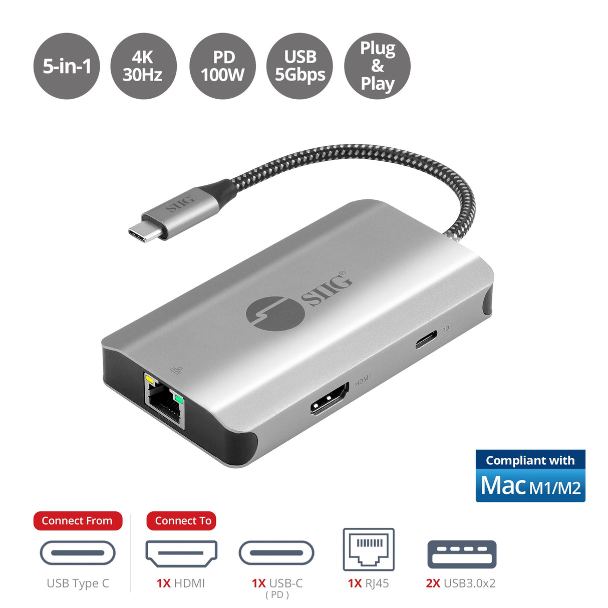 USB-C to HDMI with LAN Hub & PD Charging Adapter, HDMI 4K@30Hz, two USB-A 5Gbps, GbE, PD100W