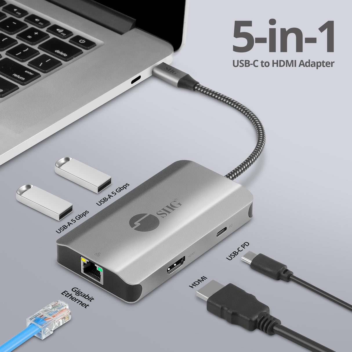 USB-C to HDMI with LAN Hub & PD Charging Adapter, HDMI 4K@30Hz, two USB-A 5Gbps, GbE, PD100W