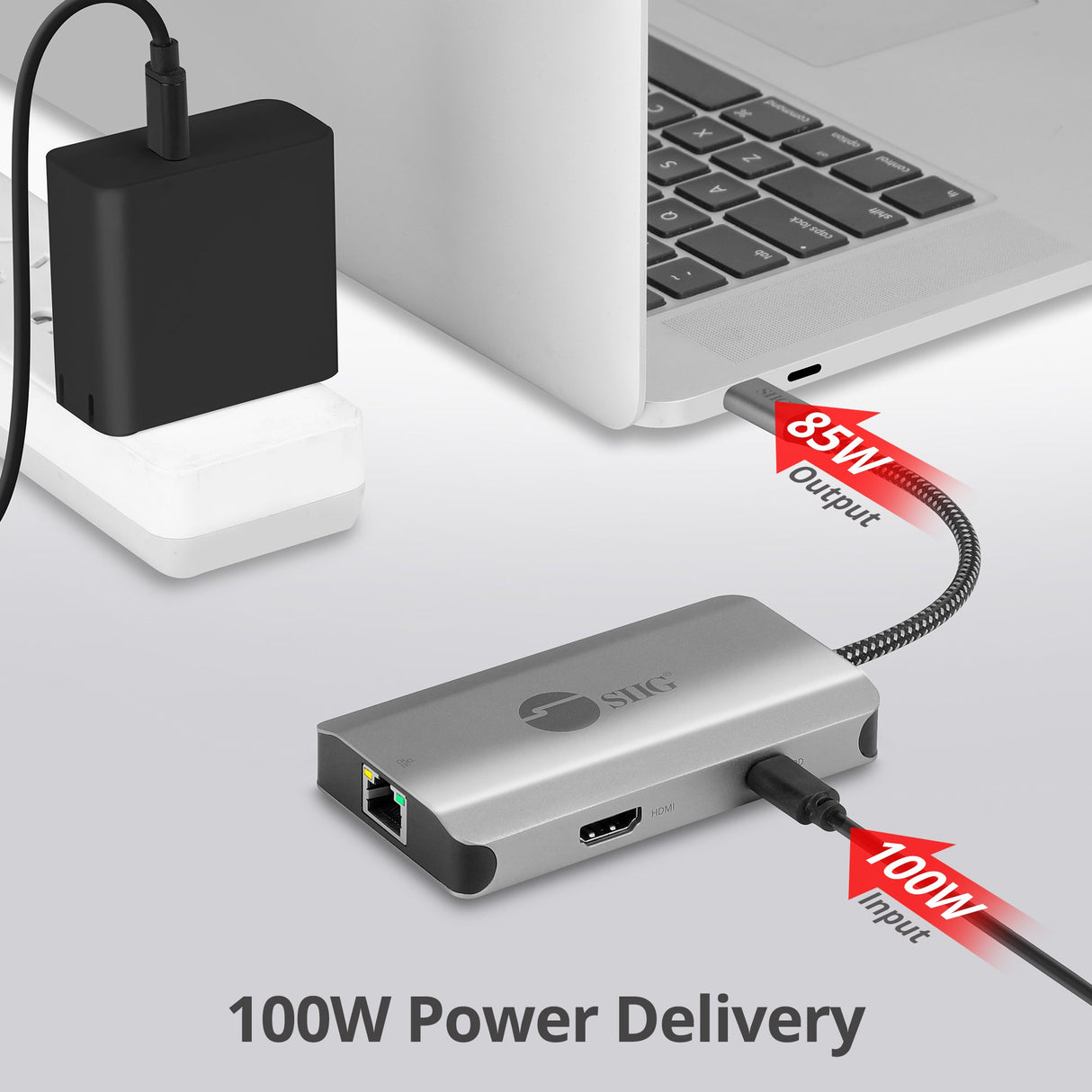 USB-C to HDMI with LAN Hub & PD Charging Adapter, HDMI 4K@30Hz, two USB-A 5Gbps, GbE, PD100W
