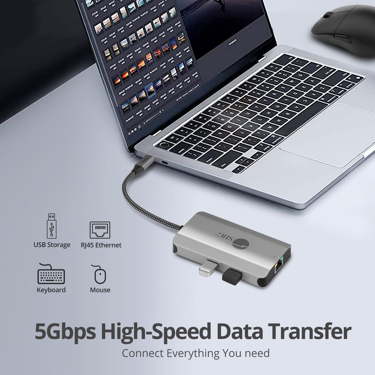 USB-C to HDMI with LAN Hub & PD Charging Adapter, HDMI 4K@30Hz, two USB-A 5Gbps, GbE, PD100W