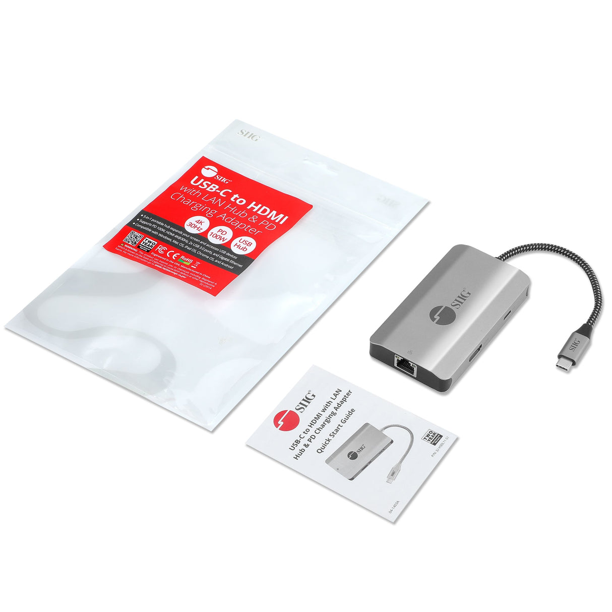 USB-C to HDMI with LAN Hub & PD Charging Adapter, HDMI 4K@30Hz, two USB-A 5Gbps, GbE, PD100W