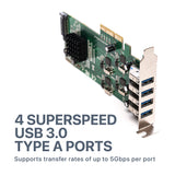 SIIG 4 Port USB 3.0 (USB 3.2 Gen 1) PCIe Card with 4 Dedicated 5Gbps Channels - Quad Core 20Gbps - UASP - SATA Power - Low Profile PCIe Adapter Card