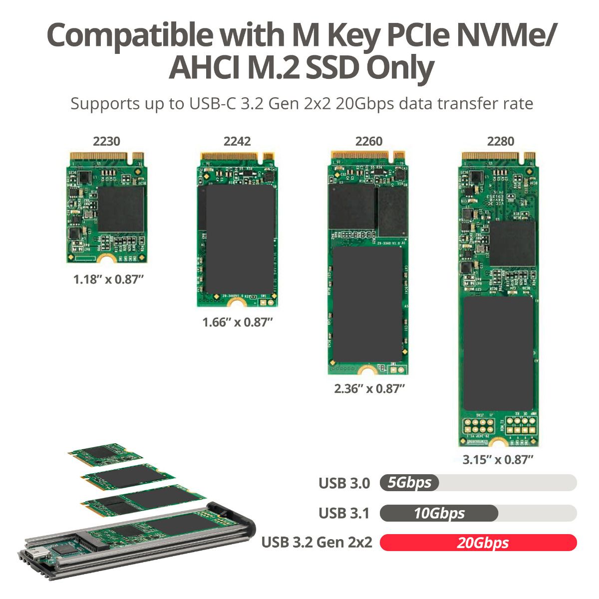 USB-C SSD enslosure, USB-C 20Gbps, M.2 (M key), NVMe SSD, Plug