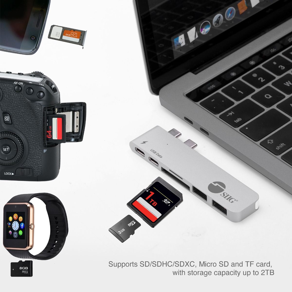 Dual USB-C Hub with Card Reader and PD Adapter – Silver